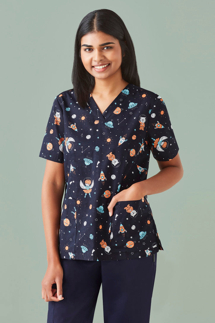 BIZ CARE SPACE PARTY WOMENS SCRUB TOP